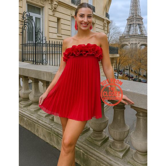 ZARA Red Pleated Mini Dress NWT | Blogger Fave Ruffle Straight Neck - Picture 2 of 16